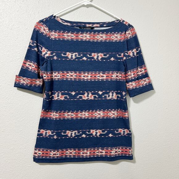 Lauren Ralph Lauren Boatneck Tee Blue Pink Print Embroidered Petite M - Picture 2 of 12